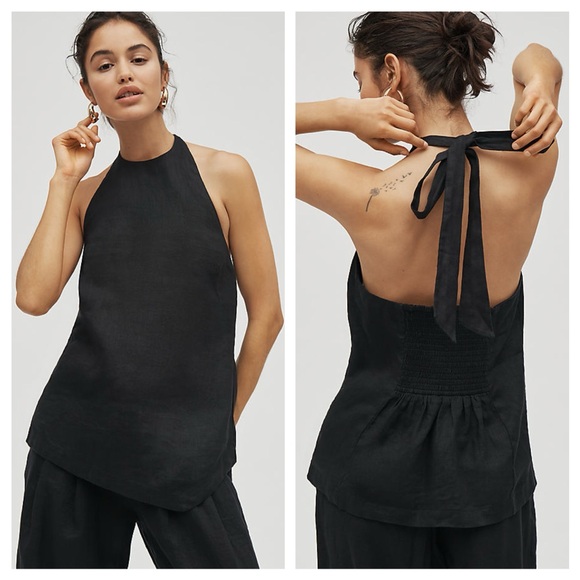 Anthropologie Tops - Anthropologie Maeve Black 100% Linen High Neck Asymmetrical Halter Top XXS
